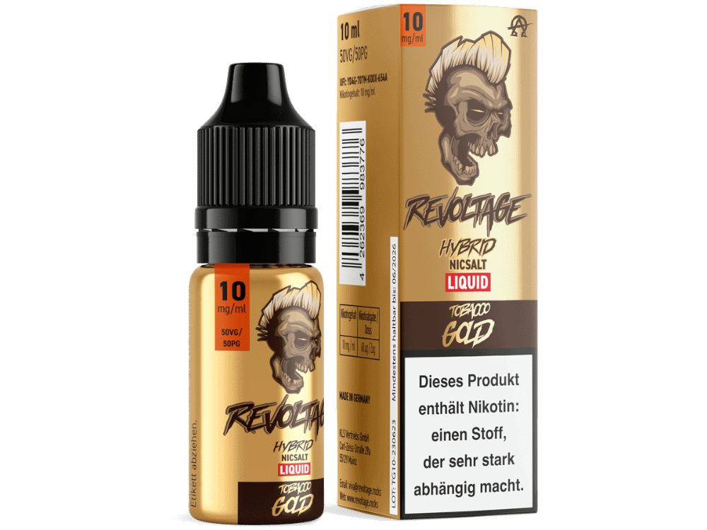 Revoltage Tobacco Gold Hybrid Nikotinsalz Liquid 1 Revoltage Hybrid Nicsalt Liquid, 10 ml, starkes Nikotin, Skull-Design, in Gold, für E-Zigaretten, mit Warnhinweis zum Nikotingehalt.