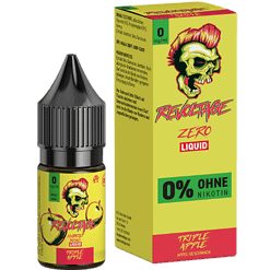 Revoltage Zero Liquid, Hybrid NicSalt, Triple Apple, alkoholischer Geschmack, nikotinfreie E-Liquid-Flasche mit grünem Skull-Design, ideal für Vaping auf der Suche nach fruchtigem Apfelaroma.