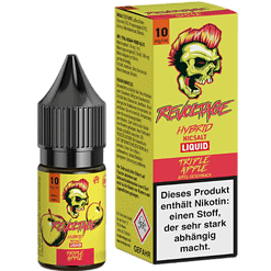 Knallgelbe E-Zigarette Liquidflasche mit Skull-Logo, für Revoltage Hybrid NicSalt Liquid, 10 mg/ml Nikotingehalt, Geschmacksrichtung: Triple Apple, auffälliges Design, für E-Zigaretten, Vape-Liquid, E-Liquid, Jugendschutz.