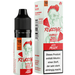 Revoltage Hybrid NicSalt Liquid White Melon Flasche und Verpackung mit karikaturistischem Skull-Design, für Tabak- und Nikotinsalz-Dampfer.