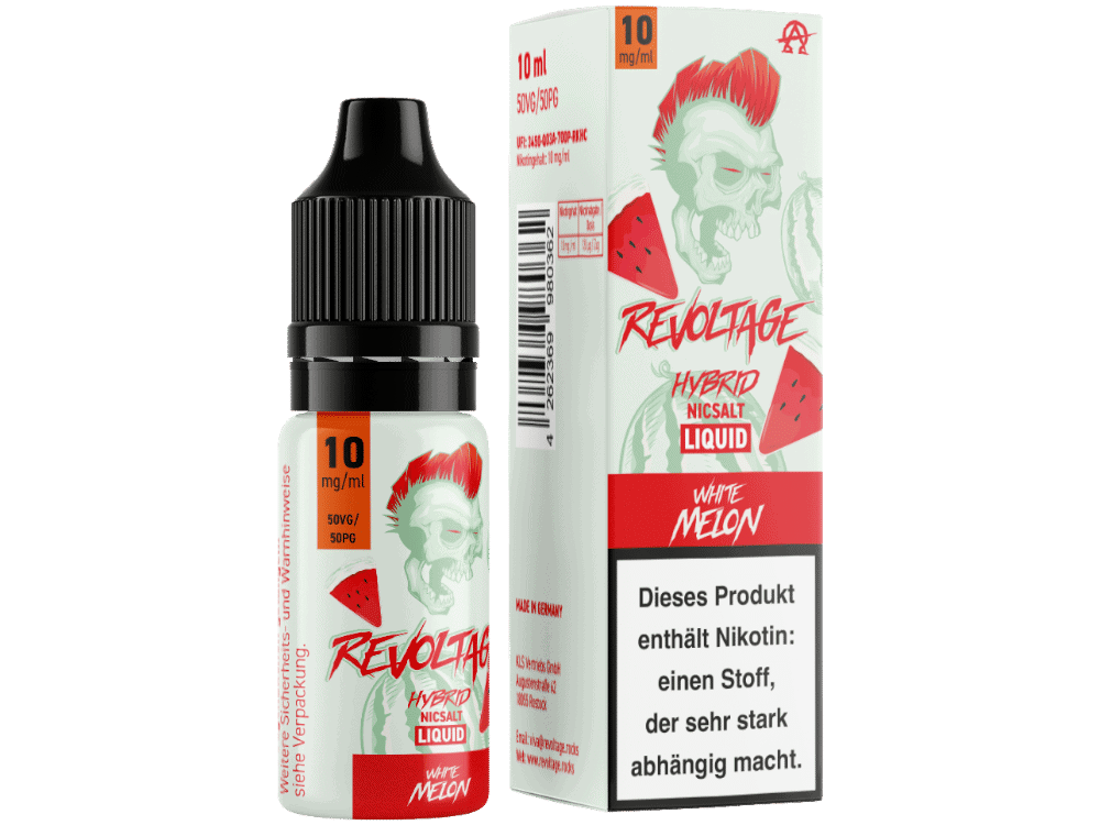 Revoltage White Melon Hybrid Nikotinsalz Liquid 1 Revoltage Hybrid NicSalt Liquid White Melon Flasche und Verpackung mit karikaturistischem Skull-Design, für Tabak- und Nikotinsalz-Dampfer.