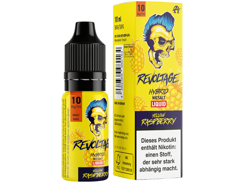 Revoltage Yellow Raspberry Hybrid Nikotinsalz Liquid 1 Revoltage Hybrid Nic Salt Liquid in Gelb-Raspberry Flasche mit Skull-Design, 10 mg/ml, 50VG/50PG, Made in Germany, für E-Zigaretten.