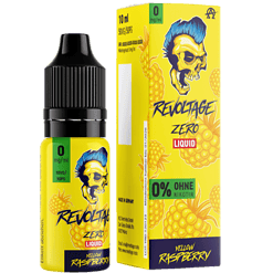 Revoltage Zero Liquid Fruchtgeschmack, nikotinfrei, 10ml Flasche, gelbes Flaschendesign mit Skully-Logo und Himbeer-Wolken, für E-Zigaretten und Liquids geeignet.