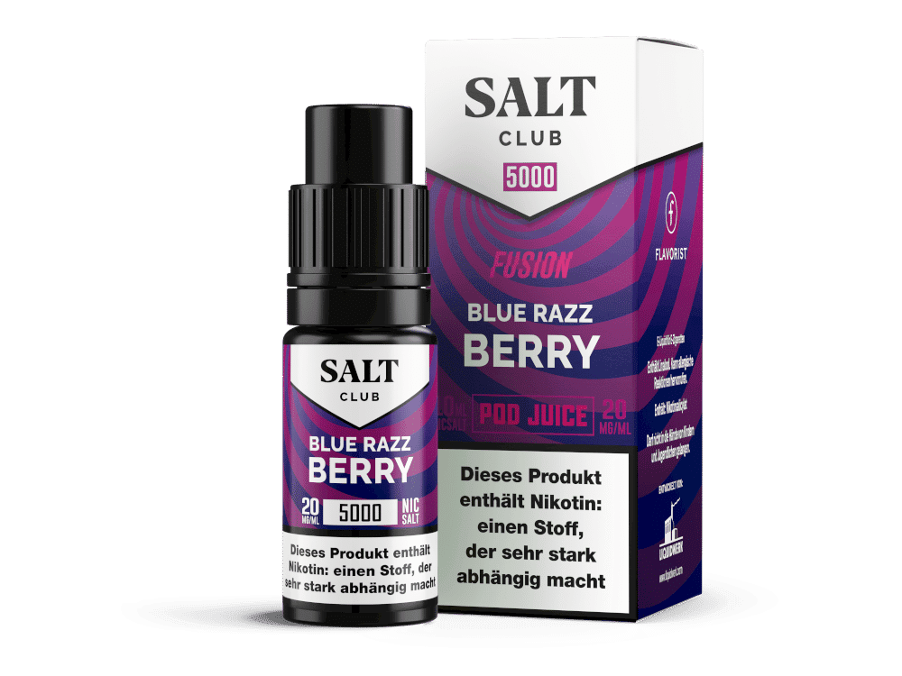 Salt Club - 5000 - Blue Razz Berry Nikotinsalz Liquid 1 SALT CLUB Blue Razz Berry Pod Juice 20 mg/ml, Nikotinfrei, 10 ml Flasche.