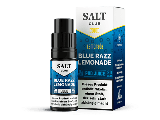 Salt Club Blue Razz Lemonade E-Liquid Flasche und Packung, 20 mg/ml, für E-Zigaretten, nikotinhaltig, belebender Geschmack.