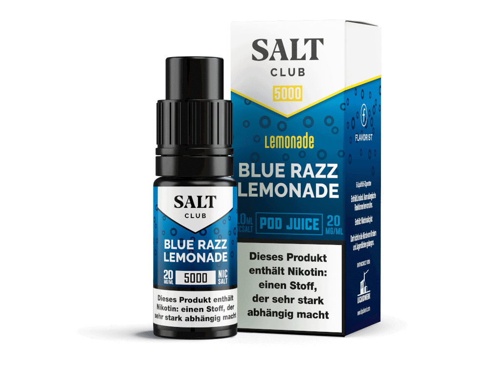 Salt Club - 5000 - Blue Razz Lemonade Nikotinsalz Liquid 1 Salt Club Blue Razz Lemonade E-Liquid Flasche und Packung, 20 mg/ml, für E-Zigaretten, nikotinhaltig, belebender Geschmack.
