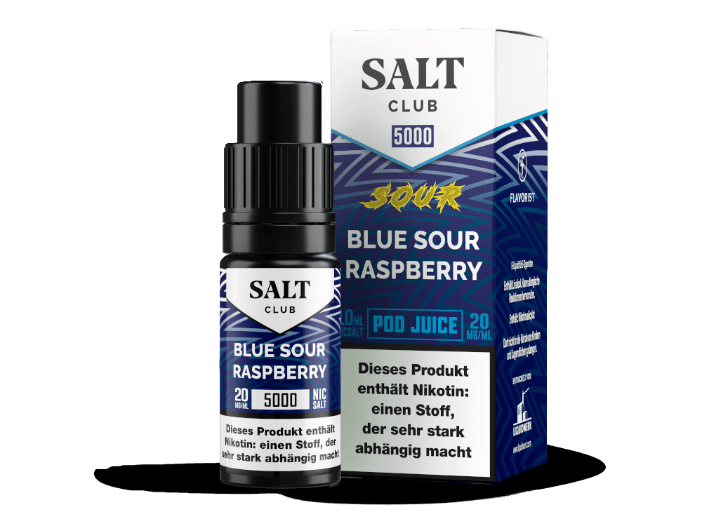 Salt Club - 5000 - Blue Sour Raspberry Nikotinsalz Liquid 1 Salz Club Blue Sour Raspberry Nikotinpulver 20 mg/ml, 10 ml Flasche mit beständigem Geschmack, geeignet für E-Zigaretten und DIY-Liquidherstellung.