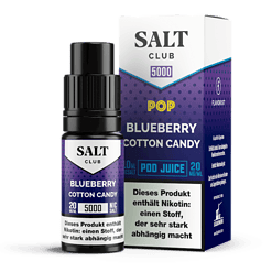 Salz Club Blueberry Cotton Candy E-Liquid Flasche und Verpackung, 20 mg/ml Nikotin, 10 ml Vape Liquid, für Elektronik Zigaretten.