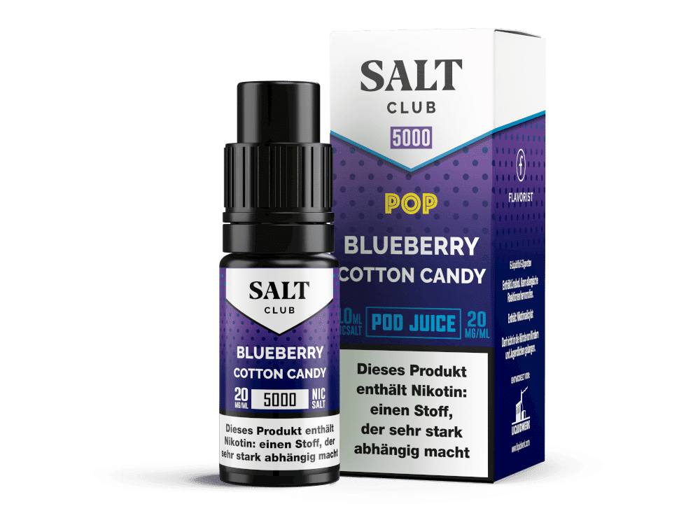 Salt Club - 5000 - Blueberry Cotton Candy Nikotinsalz Liquid 1 Salz Club Blueberry Cotton Candy E-Liquid Flasche und Verpackung, 20 mg/ml Nikotin, 10 ml Vape Liquid, für Elektronik Zigaretten.