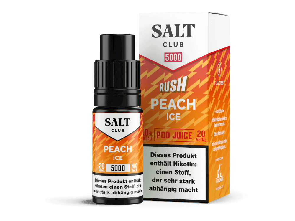 Salt Club - 5000 - Peach Ice Nikotinsalz Liquid 1 Peach Ice E-Liquid Flasche mit Nikotin 20 mg/ml, für Vape, im Verpackungskarton.