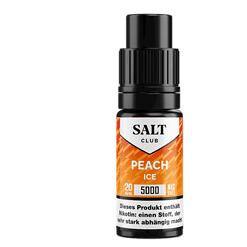 Salt Club - 5000 - Peach Ice Nikotinsalz Liquid 3 Peach Ice Nikotinsalz Liquid, 20 mg/ml, 5000 Nic Salts für E-Zigaretten, angenehmer Frucht-Geschmack, starker Nikotinabschuss, bei LETZ Go erhältlich.