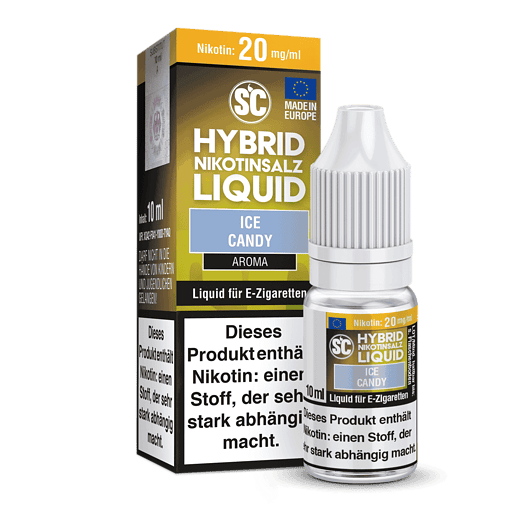 Weißes Liquid in Fläschchen für E-Zigaretten mit Ice Candy Aroma, Nikotin 20 mg/ml, Hybrid Nikotinsalz, Verpackung und Produktdetails sichtbar.