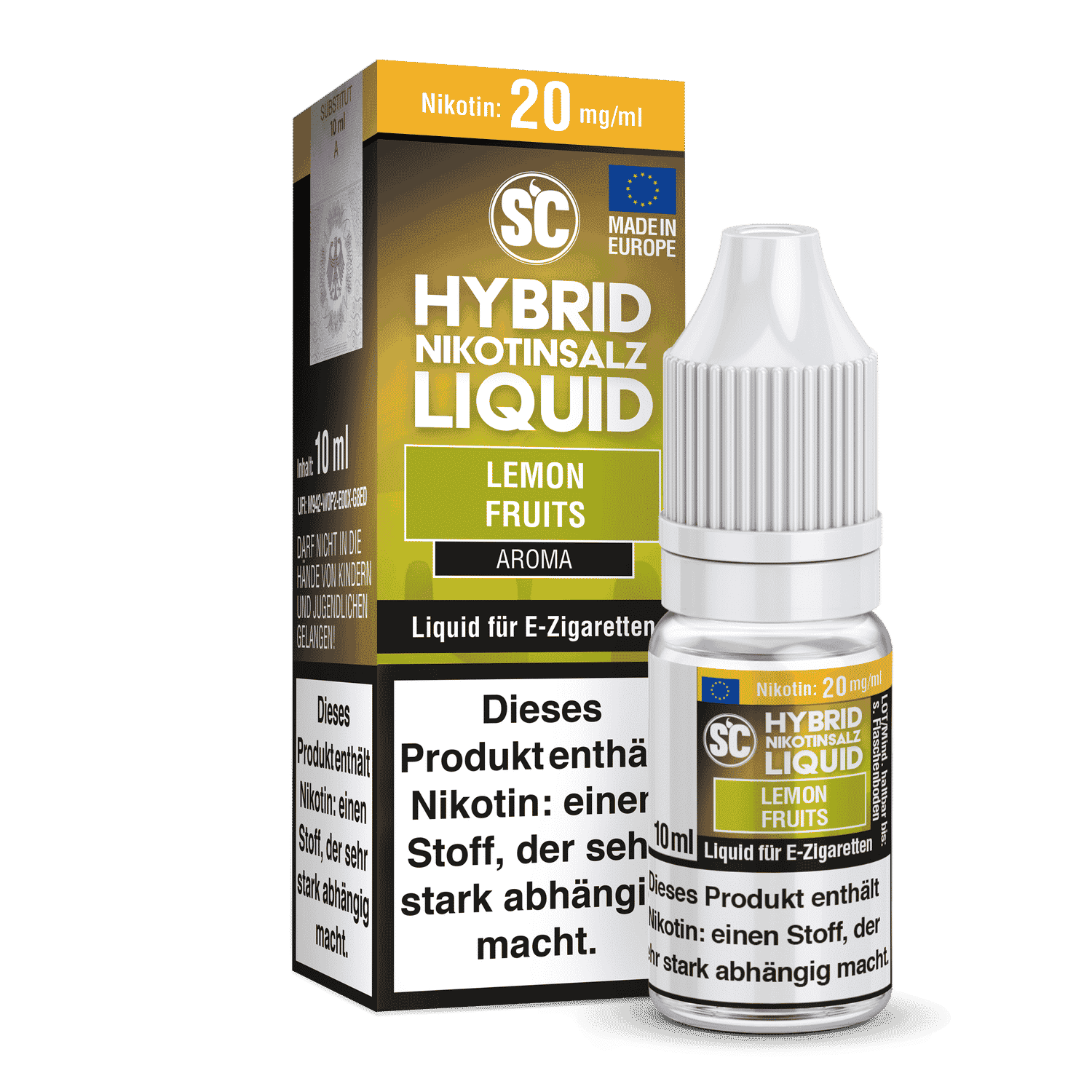 SC - Lemon Fruits - Hybrid-Nikotinsalz Liquid 1 Fruchtiges Zitronenaroma für E-Zigarettentanks, Flasche im Set, hygienisch verpackt, ideal für Rauchersatz, 10ml Flasche mit Nikotingehalt 20mg/ml, müheloser Geschmack, hochwertiges Liquid, in Europa hergestellt.