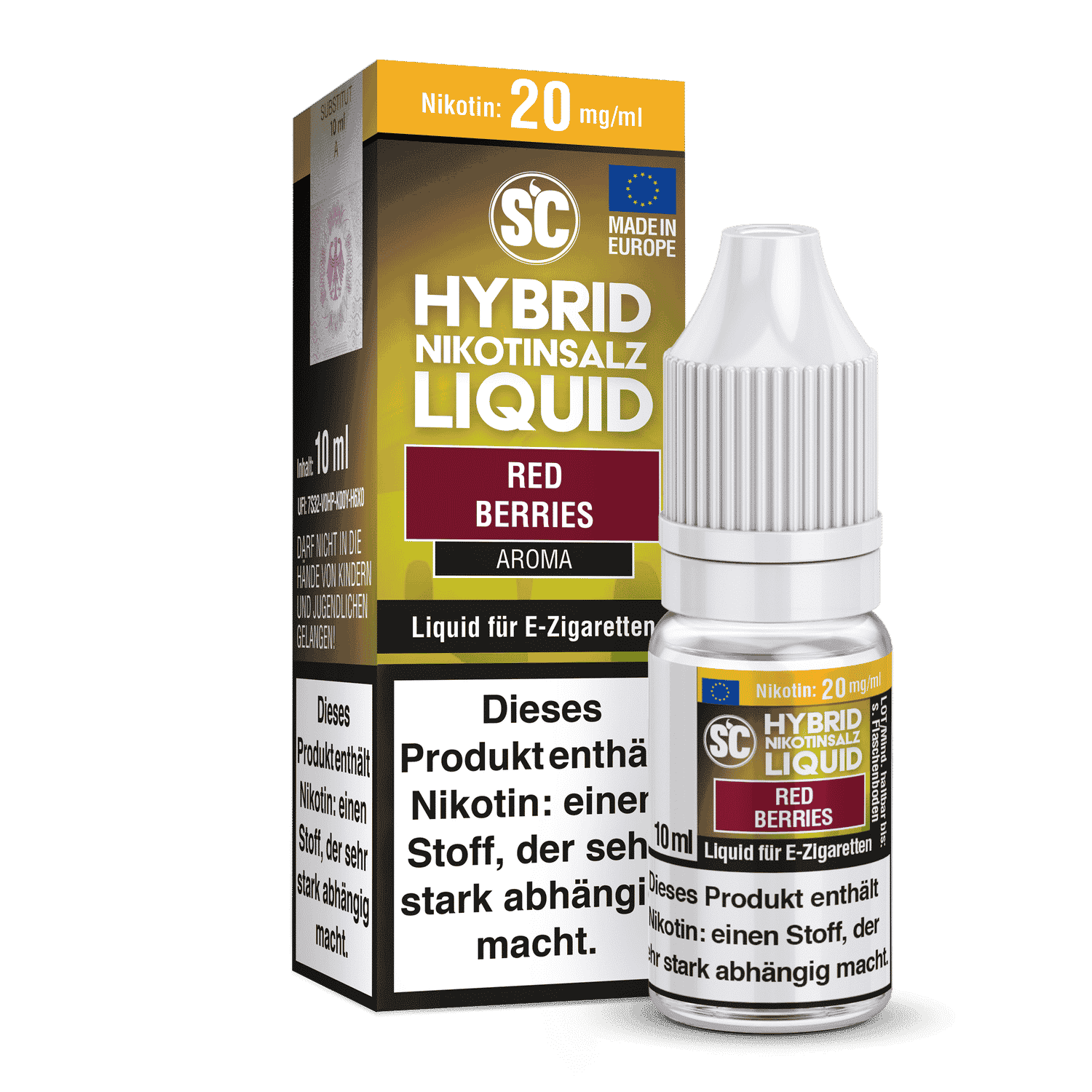 SC - Red Berries - Hybrid-Nikotinsalz Liquid 1 Atemberaubendes Bild des SC Hybrid Nikotinsalz Liquids in Geschmack Red Berries, in Fläschchen und Verpackung, ideal für E-Zigaretten. Perfekt für Dampfer, die fruchtige Aromen suchen. Hochwertiges Produkt für Genuss und Zufriedenheit.