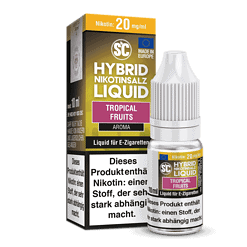 Aromatisiertes Nikotinliquid in Tropical Fruits für E-Zigaretten, 10ml Flasche, 20mg/ml Nikotingehalt, bright Verpackung.