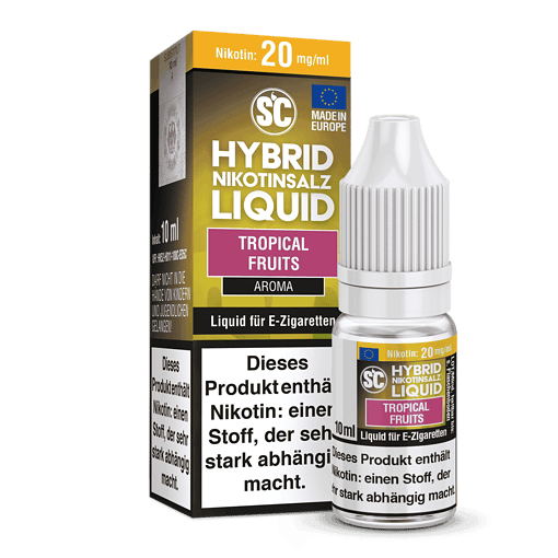 Aromatisiertes Nikotinliquid in Tropical Fruits für E-Zigaretten, 10ml Flasche, 20mg/ml Nikotingehalt, bright Verpackung.