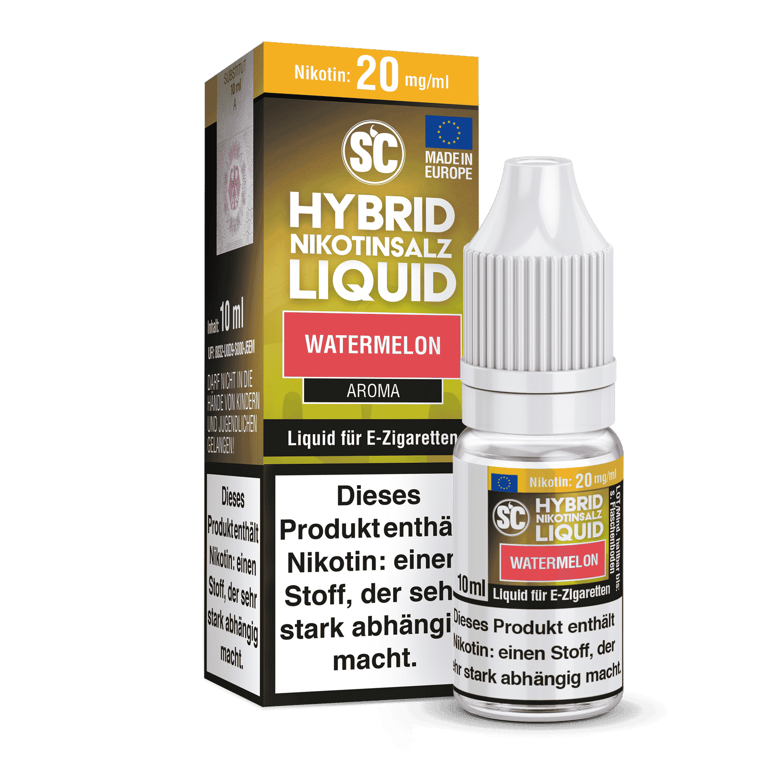 SC - Watermelon - Hybrid-Nikotinsalz Liquid 1 Aroma Wassermelon, Hybrid Nikotinsalz Liquid, 10 ml, für E-Zigaretten, Nikotingehalt 20 mg/ml, Flasche und Verpackung, europäische Herstellung, aromatisierter E-Liquid, nicotine salt, wasserbasierter Geschmack, süßer Melonengeschmack, Liquid für E-Zigarette, Liquid für Dampfer, Wasser Melone Liquid, E-Zigaretten Geschmack.