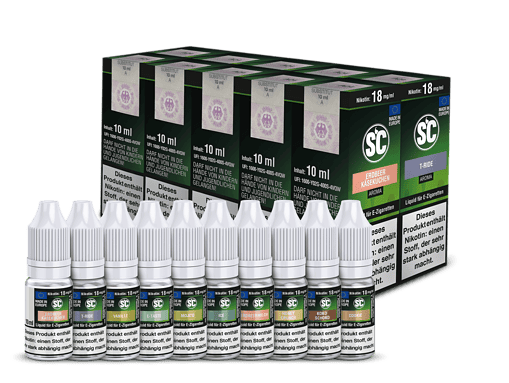 E-Zigaretten Liquids mit Erdbeer-Käsekuchen und weiteren Geschmacksrichtungen in 10 ml Flaschen, darunter Vanille, E-Taste, Mojito, Ice, Honey, Koko Schoko, Cookie. Hochwertiges Produkt für Dampfer.