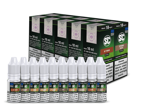 Nikotin E-Zigaretten Liquid Sortiment, 10ml Flaschen mit Nikotinstärke 18mg/ml, vielfältige Geschmacksrichtungen für E-Zigaretten, inklusive Aromen und Tabakgeschmack, hochwertiges EU-Produkt.