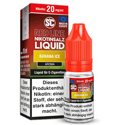 Benutzerdefinierte E-Zigaretten-Liquidflasche mit Banane Ice Aroma, rotem Kunststoff-Deckel, und Verpackung, die Nikotin- und Geschmacksangaben zeigt.