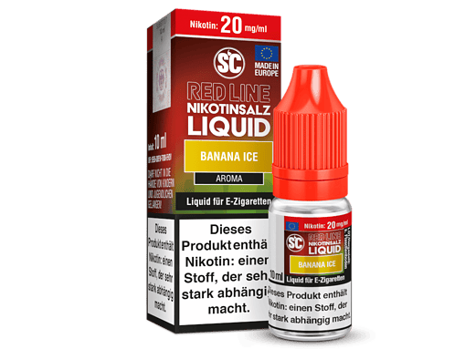 Benutzerdefinierte E-Zigaretten-Liquidflasche mit Banane Ice Aroma, rotem Kunststoff-Deckel, und Verpackung, die Nikotin- und Geschmacksangaben zeigt.