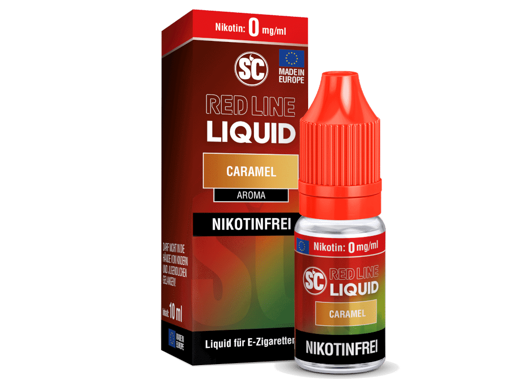 SC - Red Line - Caramel - Nikotinsalz Liquid 1 Aromaflasche mit roten Deckel und Verpackung, Geschmack Caramel, nikotinfrei, für E-Zigaretten, 10 ml.