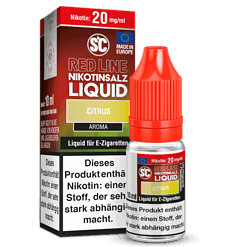 Himbeer-rote E-Zigaretten-Liquid Flasche mit Zitronen- und Citrus-Aroma, für E-Zigaretten geeignet.