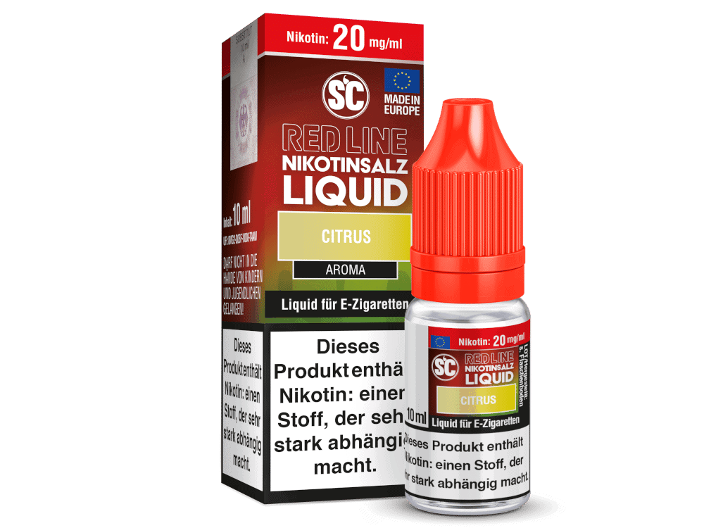 SC - Red Line - Citrus - Nikotinsalz Liquid 1 Himbeer-rote E-Zigaretten-Liquid Flasche mit Zitronen- und Citrus-Aroma, für E-Zigaretten geeignet.
