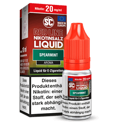Nikotinfreies Liquid in Spearmint-Geschmack für E-Zigaretten, 10 ml Flasche, mit Nikotingehalt von 20 mg/ml, konturierte rote Kappe, Verpackung mit EU-Logo und Begriffen wie "RED LINE" und "LIQUID".