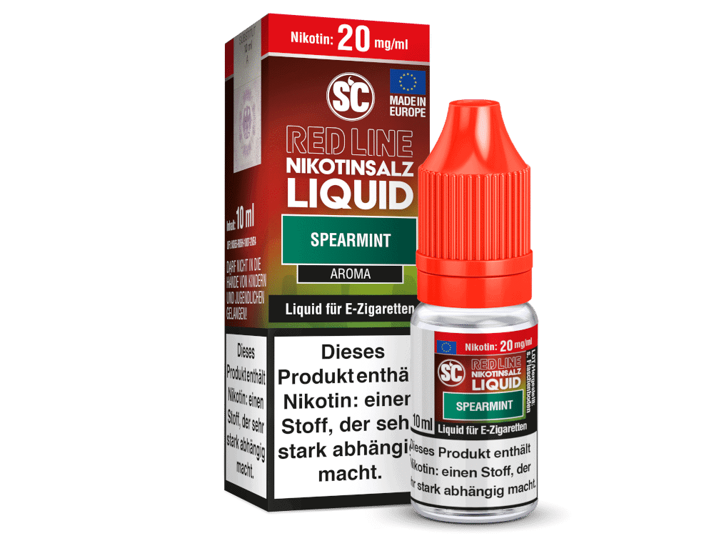 SC - Red Line - Spearmint - Nikotinsalz Liquid 1 Nikotinfreies Liquid in Spearmint-Geschmack für E-Zigaretten, 10 ml Flasche, mit Nikotingehalt von 20 mg/ml, konturierte rote Kappe, Verpackung mit EU-Logo und Begriffen wie "RED LINE" und "LIQUID".