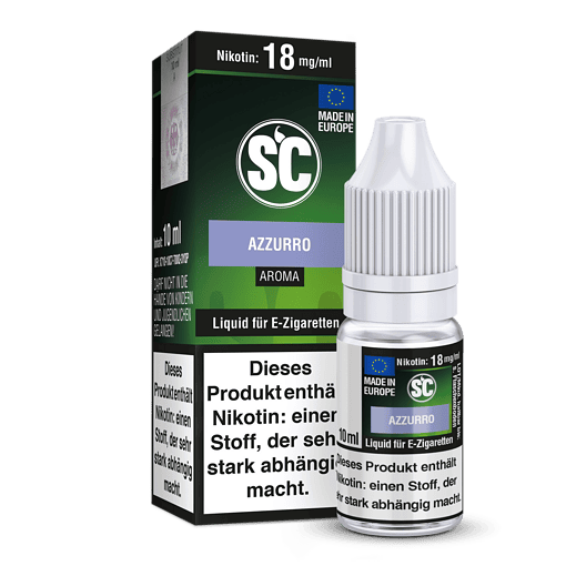 Azzurro Liquids E-Zigaretten Aromenflasche vor schwarzer Verpackung.