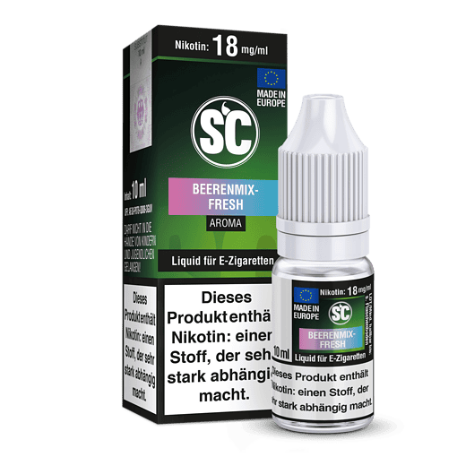 Aromatisiertes E-Zigaretten Liquid Beerenmix-Fresh Flasche und Verpackung, nikotinhaltig, für Dampfer, in Europa hergestellt, geschmacksintensiv, 10ml Flasche.