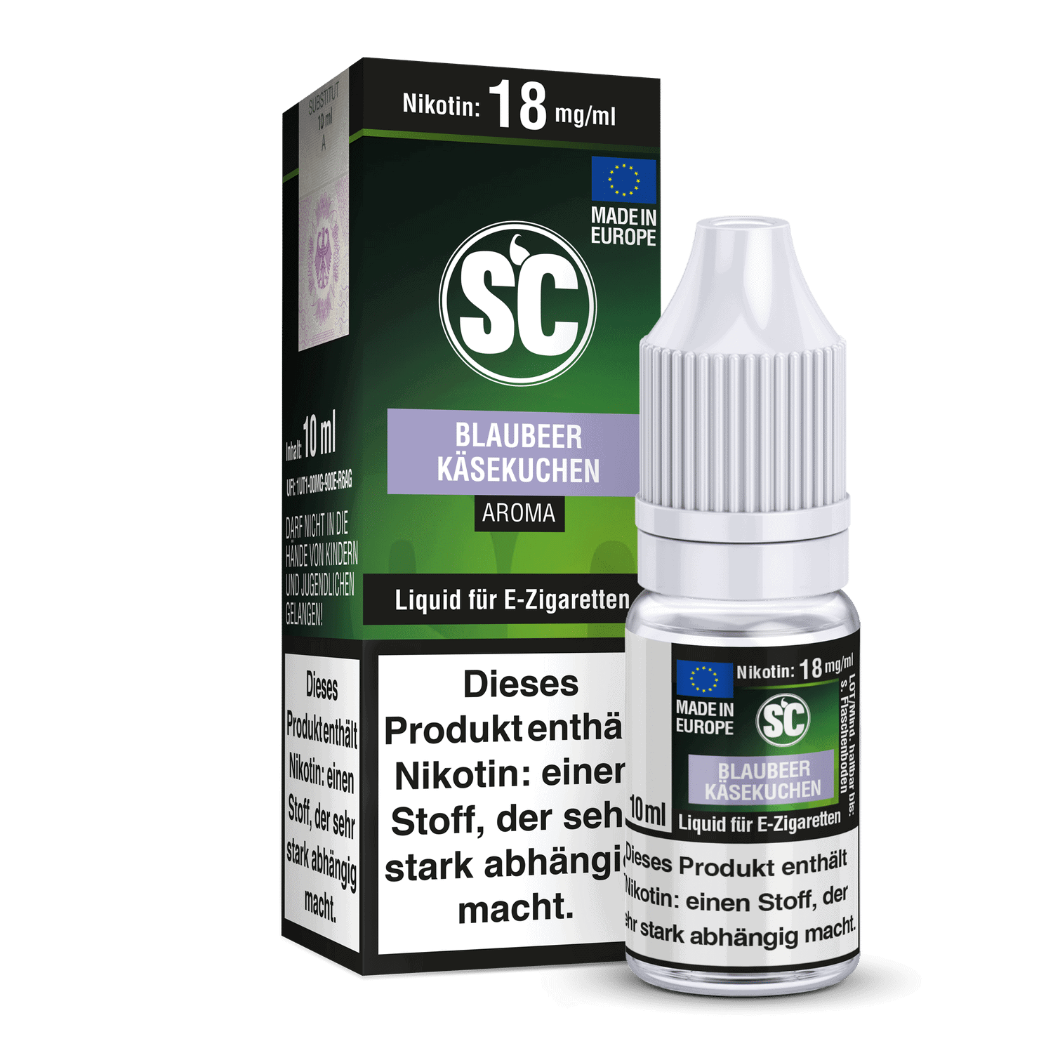 SC Liquid Blaubeer Käsekuchen 1 Aromatisiertes E-Zigaretten Liquid Blaubeer Käsekuchen, 10 ml Flasche, Made in Europe, nikotinhaltig, zum Dampfen geeignet.