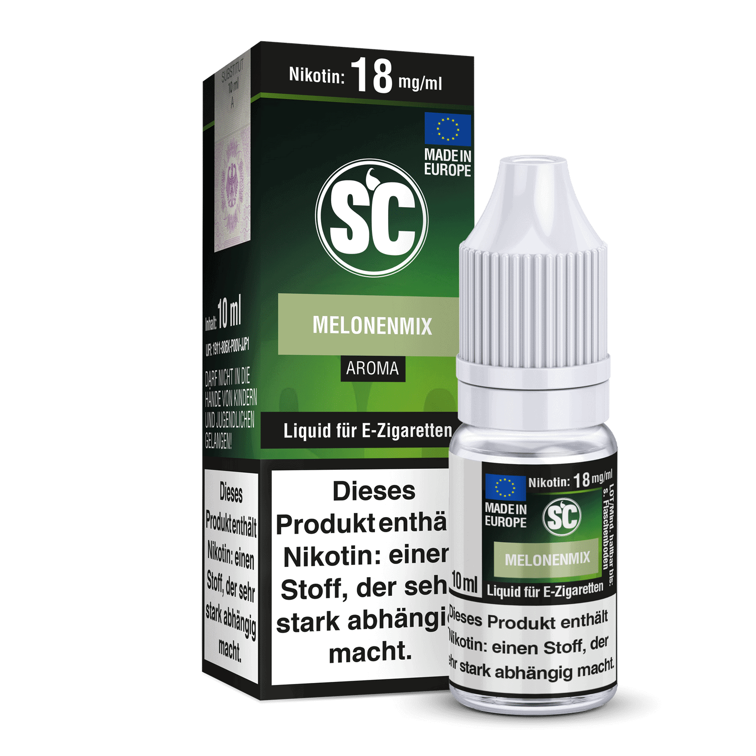 SC Liquid Melonenmix 1 Hochwertiges Nikotinliquid in 10ml Flasche, Melonen-Aroma, für E-Zigaretten, hergestellt in Europa, 18mg/ml Nikotingehalt, ideal für Vaporizer und E-Liquid Enthusiasten.