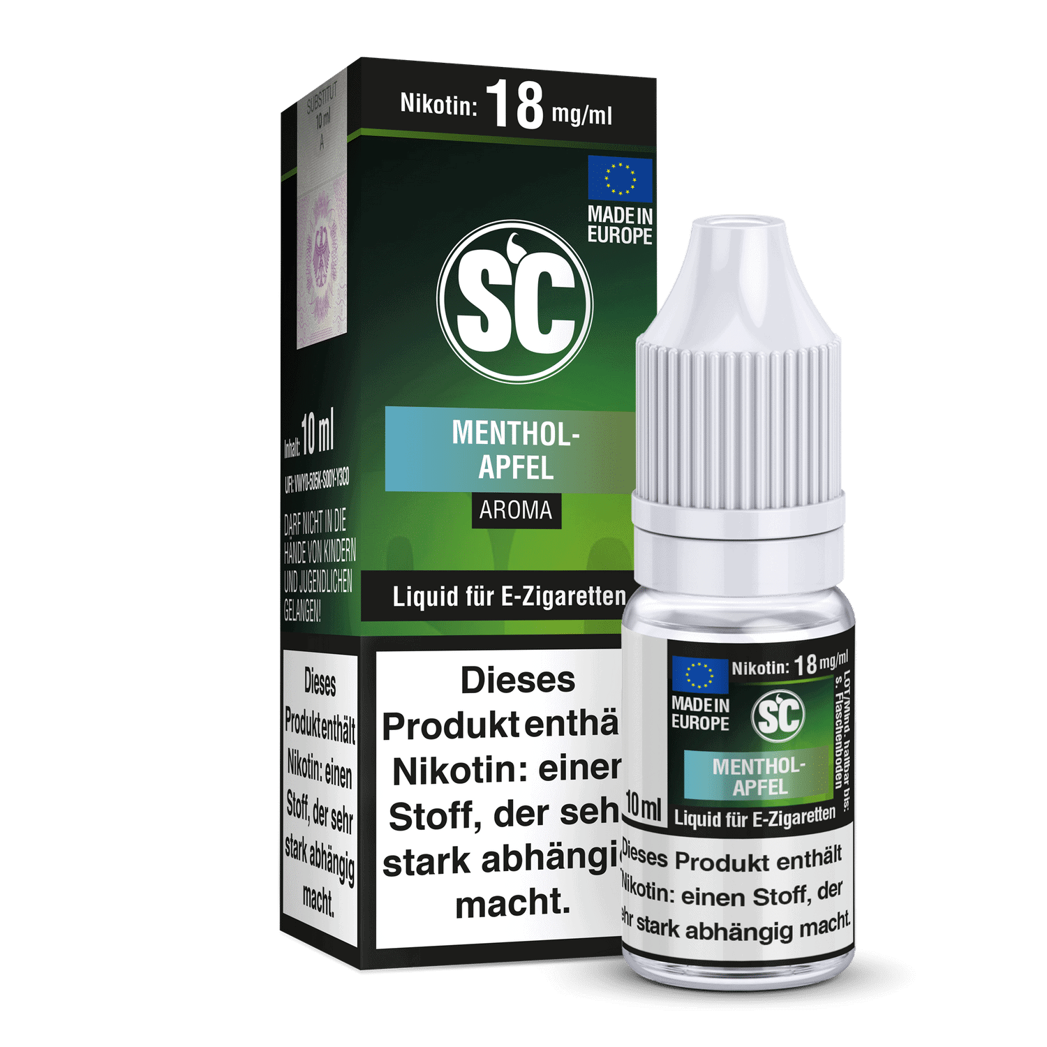 SC Liquid Menthol-Apfel 1 Menthol-Apfel E-Zigaretten Liquid in Fläschchen und Verpackung, 10 ml, mit Nikotin 18 mg/ml, Made in Europe, aromatischer Geschmack.