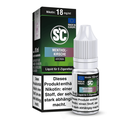 Erotik liquid menthol kirsche für e-zigaretten, flasche und packung, mentholkirsche aromastoff, nikotinhaltiges liquid, vaping produkt, E-Zigaretten-Zubehör, aromatisierter nikotinshot, 18 mg/ml Nikotingehalt, rauchfreie Dampferfahrung, deutsches Qualitätsprodukt.