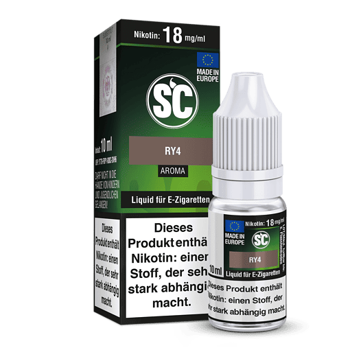 Nikotinhauträger Liquid für E-Zigaretten, 10 ml, 18 mg/ml Nikotin, RY4 Aroma, Made in Europe, intim in der Verpackung sichtbar.