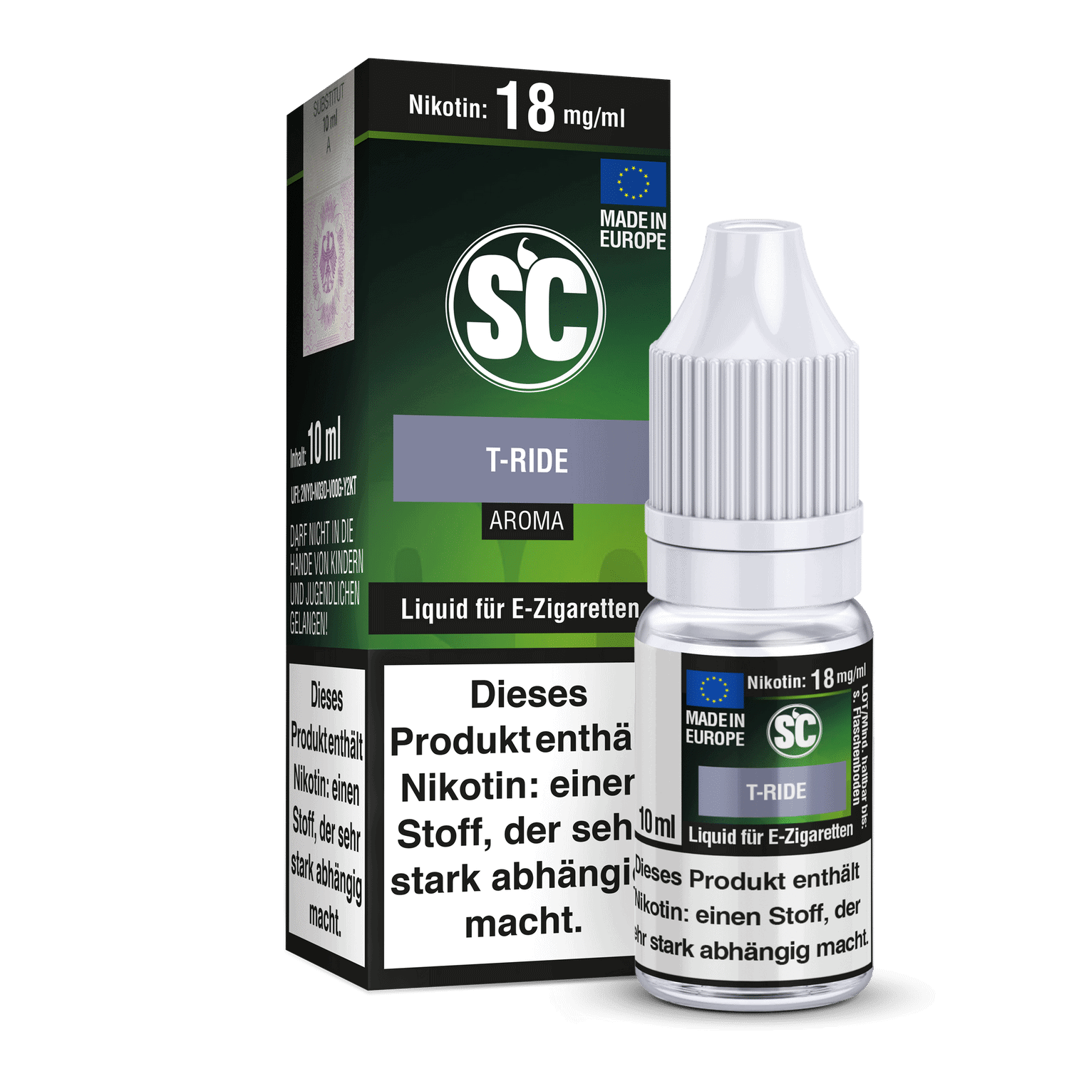 SC Liquid T-Ride 1 Nikotinkonzentrat in E-Zigarettenfläschchen, 18 mg/ml, T-Ride Aroma, Made in Europe.