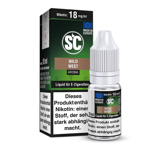 Aromatisiertes E-Zigaretten Liquid WILD WEST, 10 ml Flasche mit Nikotingehalt von 18 mg/ml, geeignet für Dampfer, in Europa hergestellt.