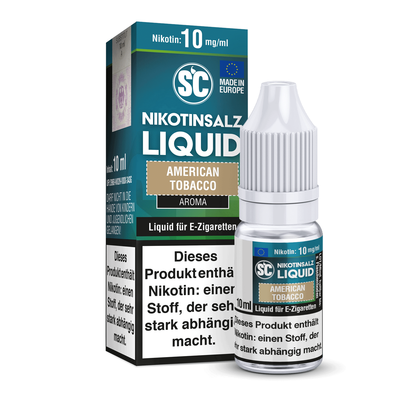 SC - American Tobacco - Nikotinsalz Liquid 1 Nikotinliquid American Tobacco, 10 ml, E-Zigaretten Aroma, Made in Europe, passendes Produkt für Dampfer, stark abhängig machender Nikotingeschmack, für liquid Zigaretten.