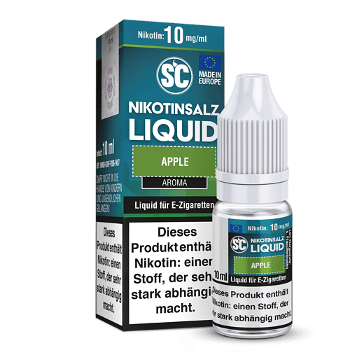 Aromatisiertes E-Zigaretten Liquid in Apfelgeschmack, 10ml Flasche, Nikotin 10mg/ml, für das Dampfen, bequem und einfach anzuwenden.