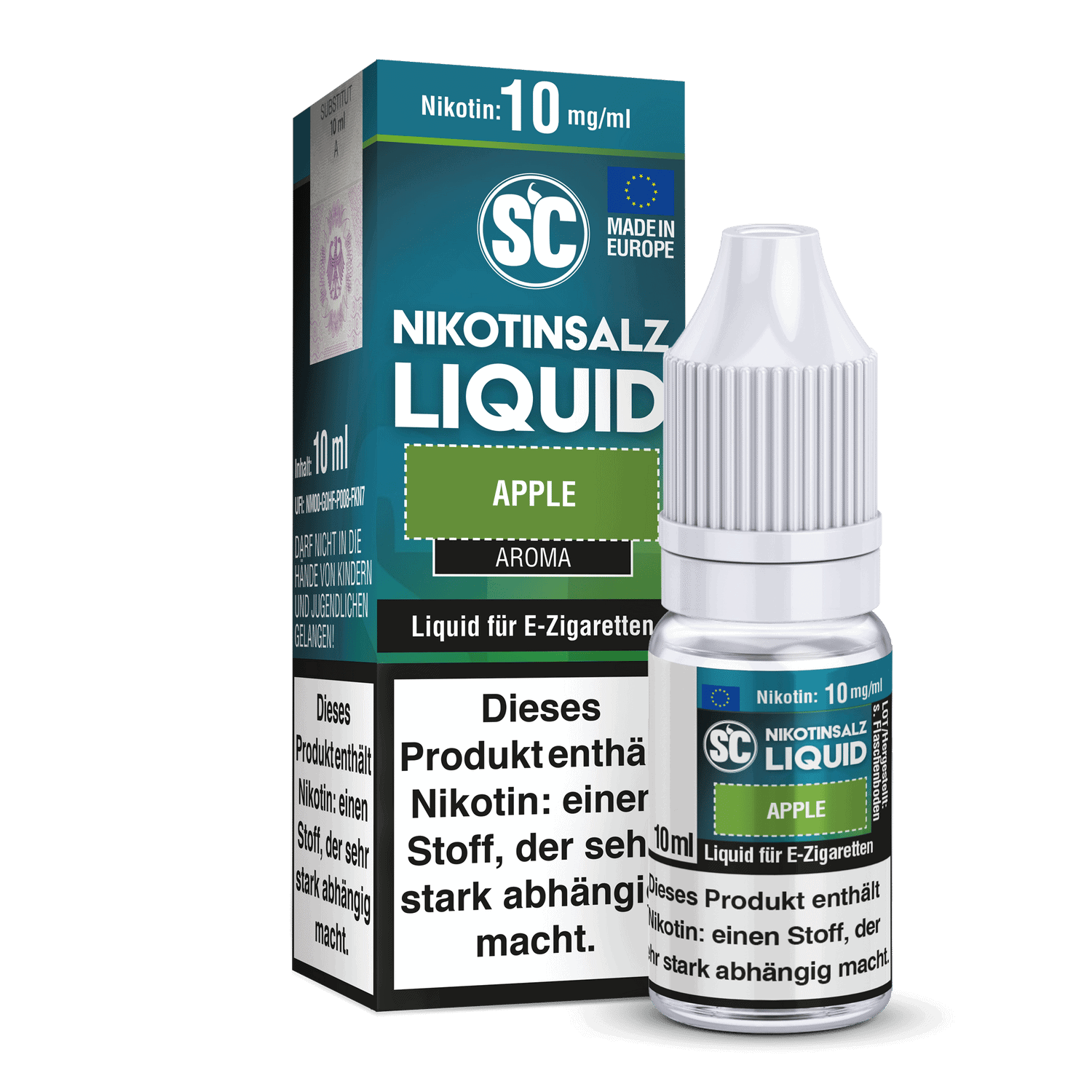 SC - Apple - Nikotinsalz Liquid 1 Aromatisiertes E-Zigaretten Liquid in Apfelgeschmack, 10ml Flasche, Nikotin 10mg/ml, für das Dampfen, bequem und einfach anzuwenden.