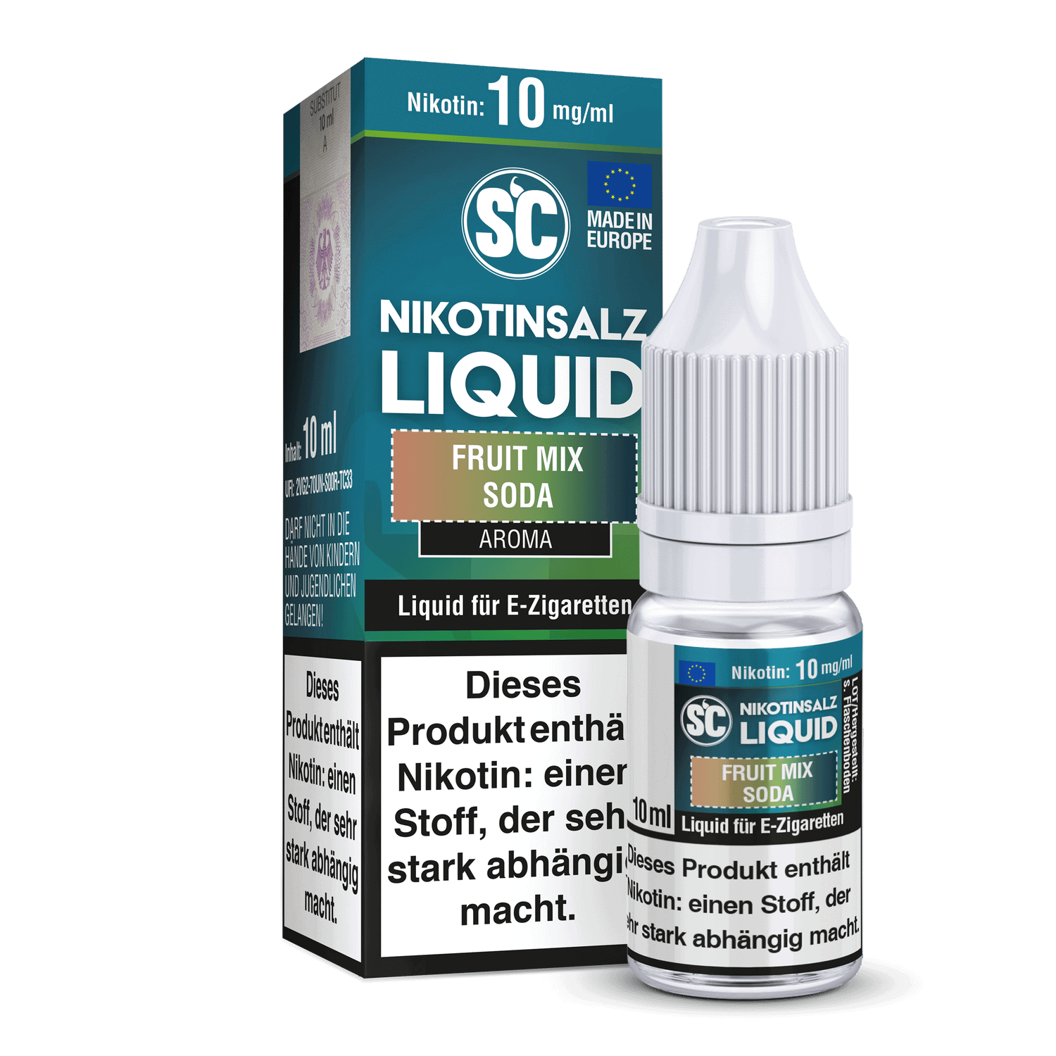 SC - Fruit Mix Soda - Nikotinsalz Liquid 1 Nikotin Salzwasser Liquid mit Frucht Mix Geschmack für E-Zigaretten, 10 ml Flasche, Made in Europe, ansprechend und aromatisch.