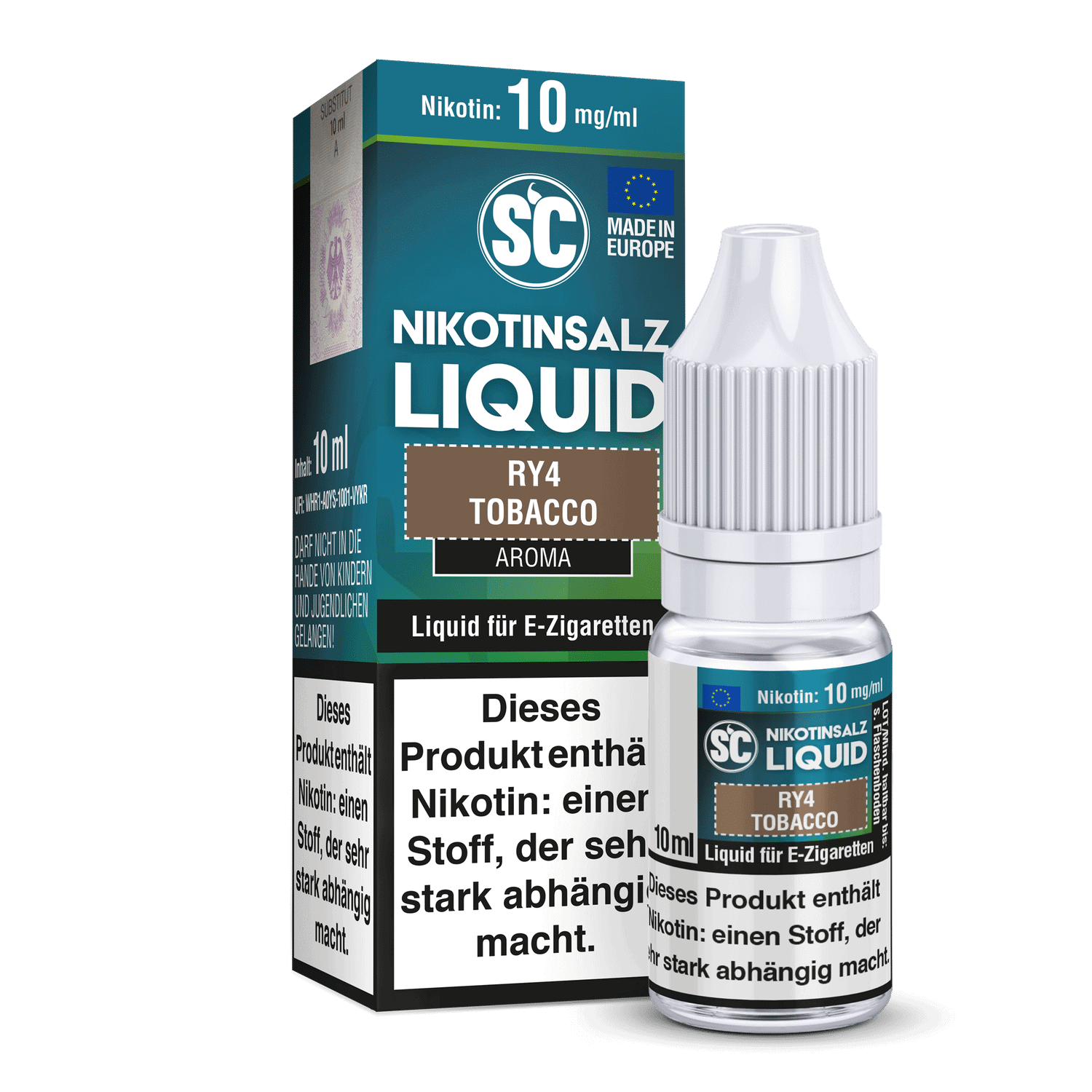 SC - RY4 Tobacco - Nikotinsalz Liquid 1 Nikotinliquid mit 10 mg/ml Nikotin, geeignet für E-Zigaretten, in aroma Tobacco, Verpackung im Dreieckskarton, genauer Produktbeschreibung auf der Verpackung, für Dampfer, Rauchalternativen, Liquid für E-Zigaretten.
