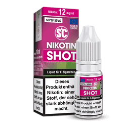 Nikotin-Shot Liquid für E-Zigaretten, 10ml, 12mg/ml Nikotin, in rosa Verpackung mit Fläschchen, für intensiven Nikotingenuss.
