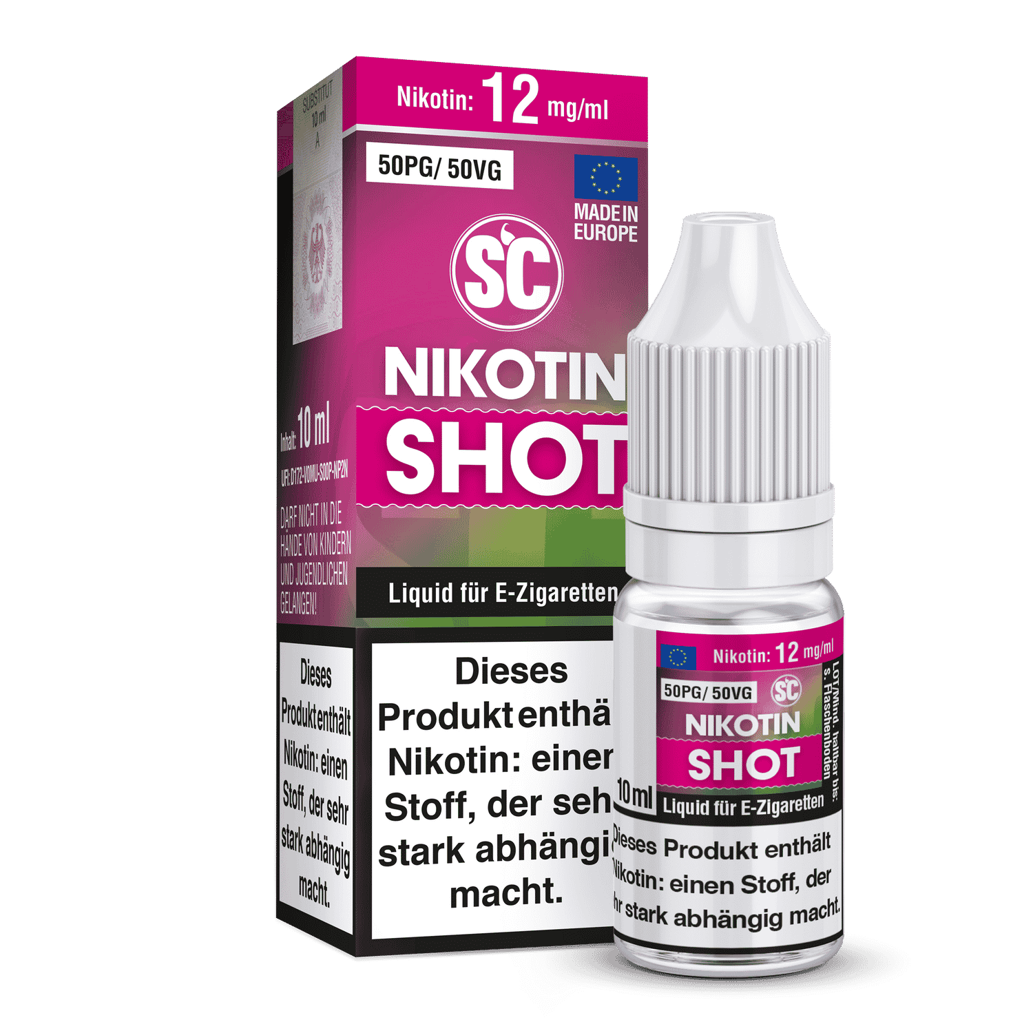 Nikotin-Shot Liquid für E-Zigaretten, 10ml, 12mg/ml Nikotin, in rosa Verpackung mit Fläschchen, für intensiven Nikotingenuss.