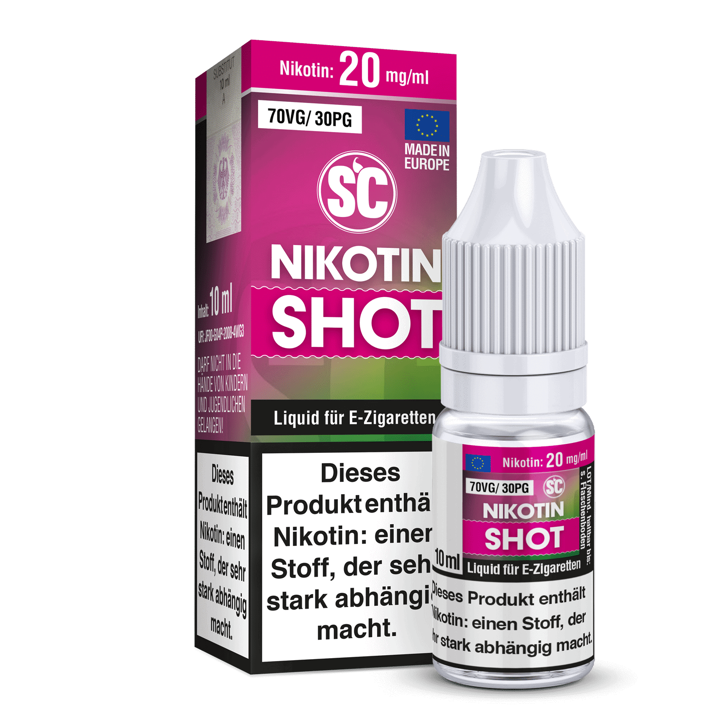 Nikotin Shot Flasche mit 10 ml Inhalt, für E-Zigaretten, rosa und weißes Design, Made in Europe, 20 mg/ml Nikotin, einfach zu verwenden, ideal für Dampfer.