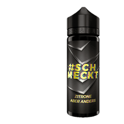 Alt-Text: Flasche mit schwarzem Etikett und buntem "#SCHMECKT" Schriftzug, Zitronen-Aromen, moderne Verpackung, ideal für E-Zigaretten und Liquids.