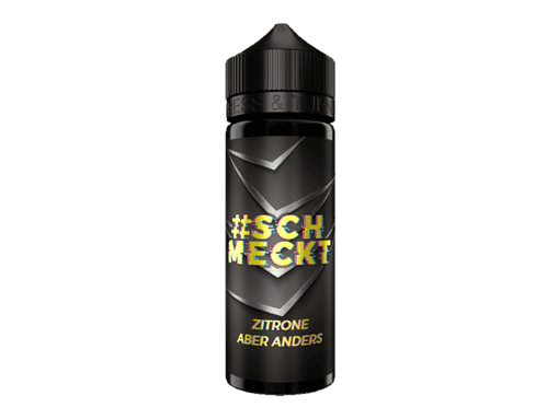 Alt-Text: Flasche mit schwarzem Etikett und buntem "#SCHMECKT" Schriftzug, Zitronen-Aromen, moderne Verpackung, ideal für E-Zigaretten und Liquids.