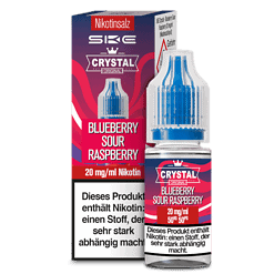 Blueberry sour nikotinsalz e-liquid in Flasche mit Verpackung, für E-Zigaretten, geschmacksintensiv und nikotinhaltig, 20 mg/ml, 50 VG, 50 PG, ideal für Dampfer, fruchtiger Geschmack.